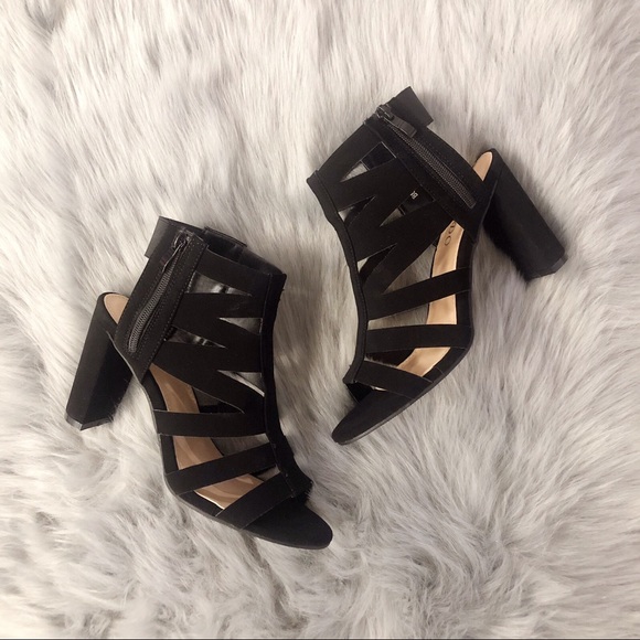 Shoes - Black Open toe with cut out straps, Block Heel